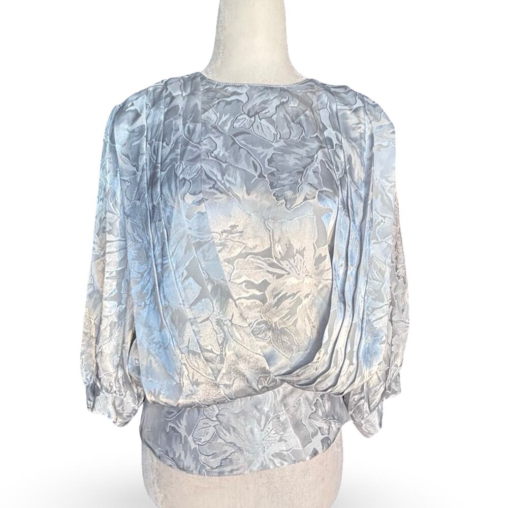 Vintage Blouse Silver Floral Jacquard Drape Button Back Top Elegant Evening